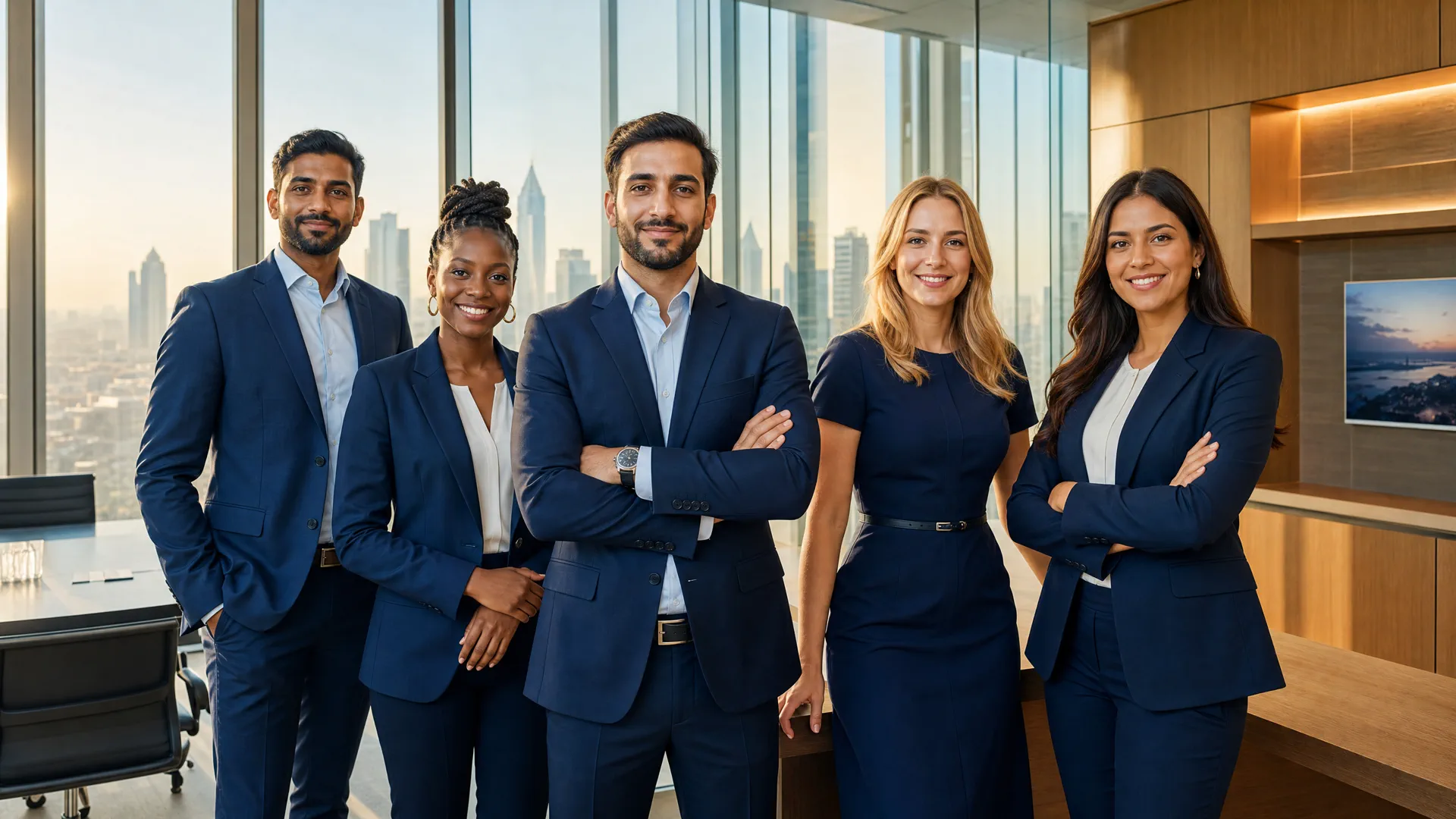 Diverse international professional team in a modern corporate setting.